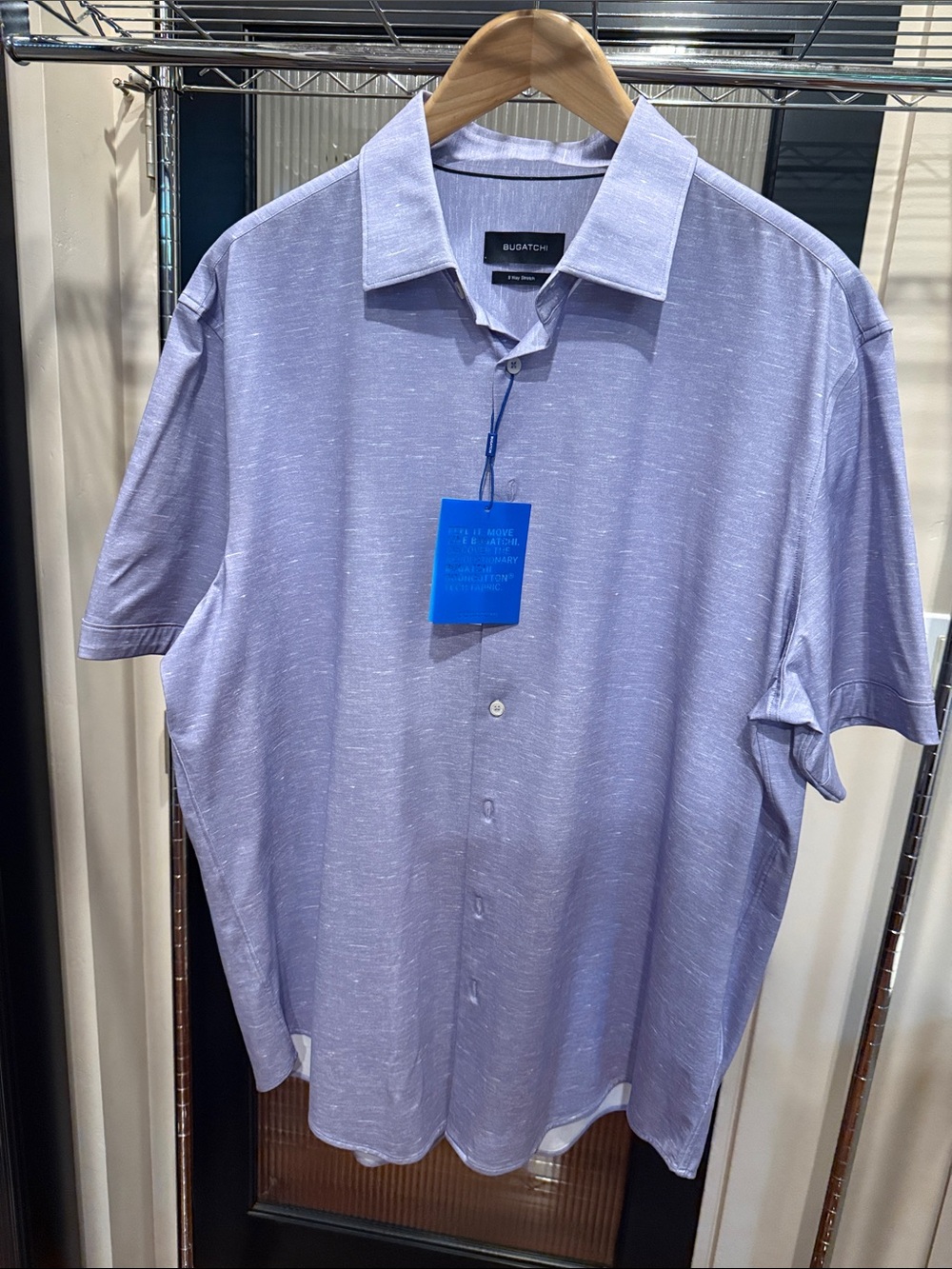 Bugatchi OoohCotton 8 Way Stretch Short Sleeve Button Up Shirt Lavender NWT